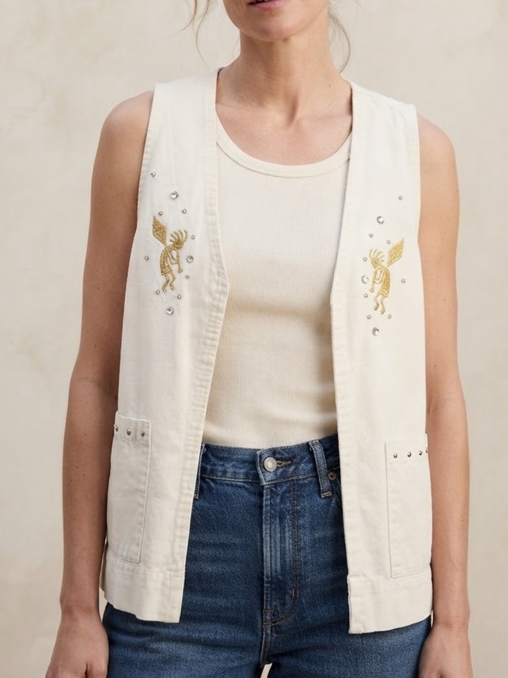 Cactus 90s Vintage Kokopelli Folk Art Cream Sleeveless Vest Women’s Size Medium